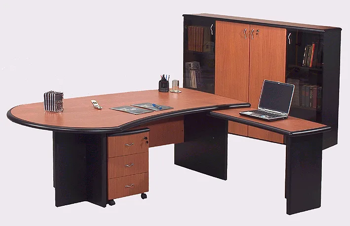 Escritorio gerencial ovalado con mueble de guardado